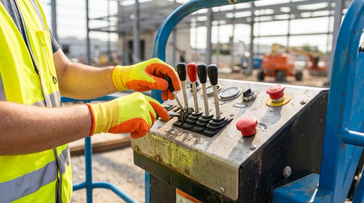 A worker in high-vis gear inspecting boom lift hydraulic controls and emergency stop button before operation