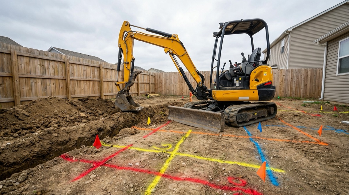 A mini excavator on a residential job site with utility locate markings visible on the ground