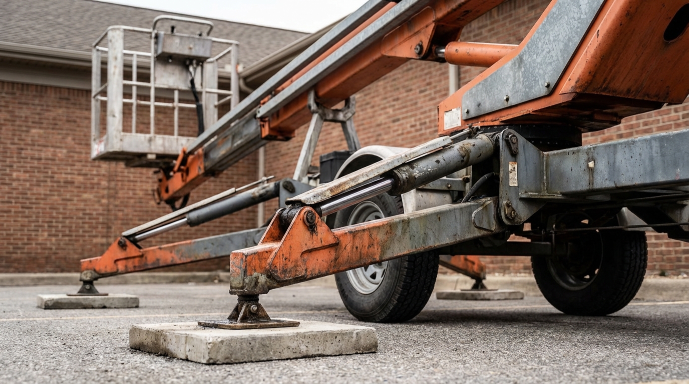 Towable boom lift set up at a job site